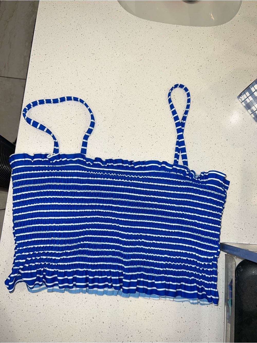 Xhilaration Blue and White Striped Smocked Bikini Top